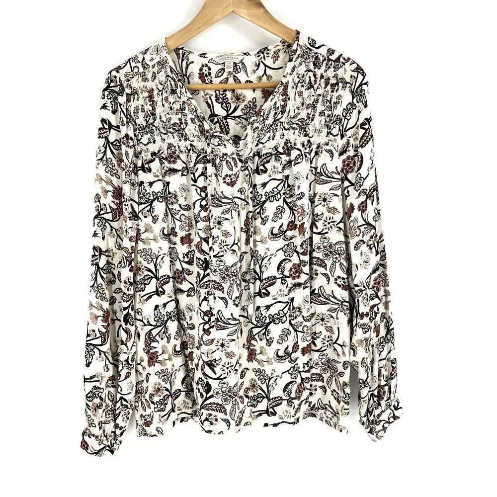 Lucky Brand Top Size Large Womens Ivory Long Sleeve Floral Print Smocked V Neck